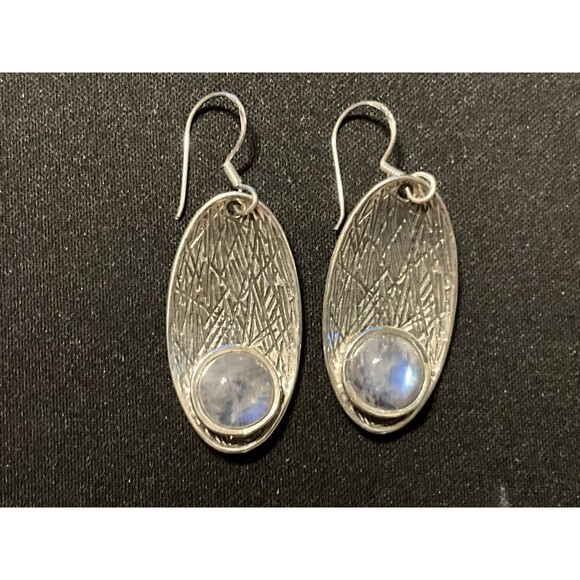 925 Textured Moonstone Earrings Fish Hook - Picture 2 of 4